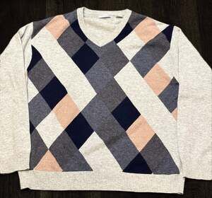 American Blue Pure Cashmere Sweater Mens XL Argyle V Neck Preppy Grandpa Knit
